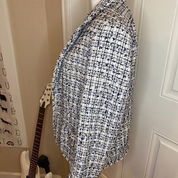 H&M Women' White/Black/Blue Speckled Long Sleeve Open Front Collared Blazer Sz 8 - Picture 3 of 7